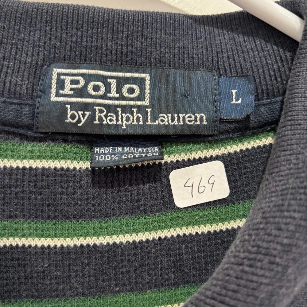 Polo‎ Ralph Lauren Mens Large Navy Blue Green Striped Short Sleeve Polo Shirt